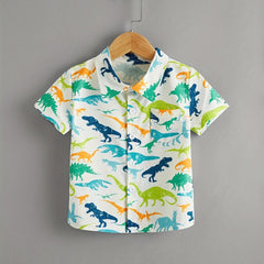 Boys Dinosaur Print Shirt Short Sleeve Collared Top