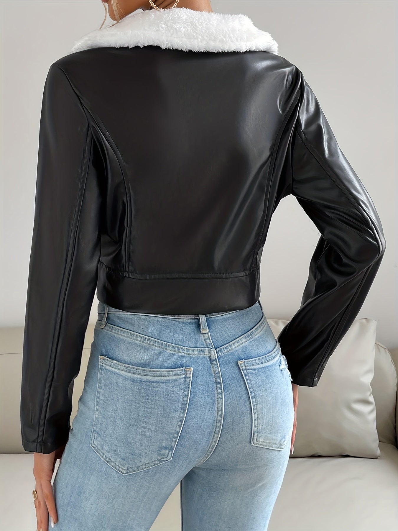 Zip Up PU Leather Jacket Casual Long Sleeve Solid Outerwear