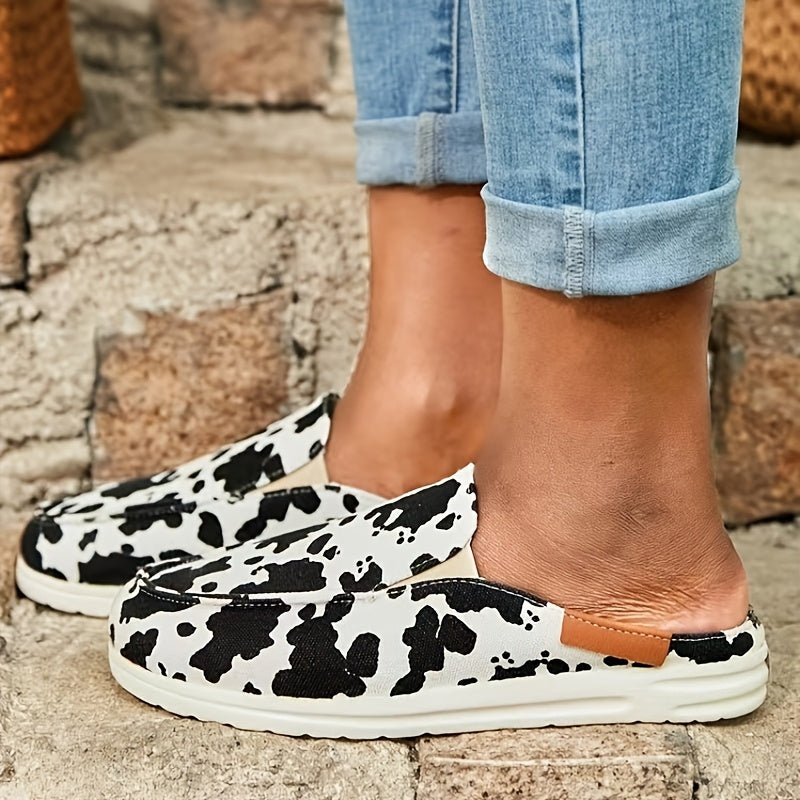 Cow Print Flat Mules Closed Toe Canvas Slippers