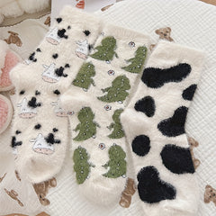 3 Pairs Cartoon Print Socks Comfy & Fuzzy Warm Women's Stockings