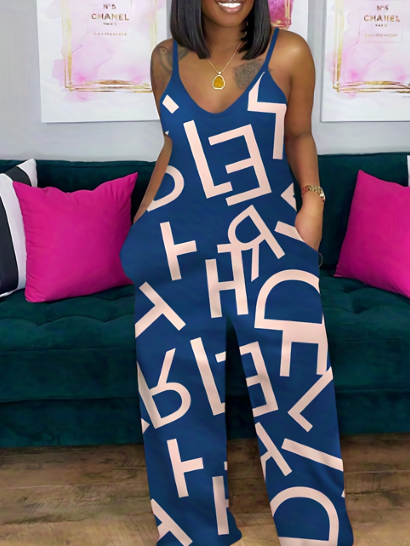 Casual Jumpsuit Women's Plus Letter Print V Neck Cami Jumpsuit