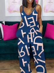 Casual Jumpsuit Women's Plus Letter Print V Neck Cami Jumpsuit