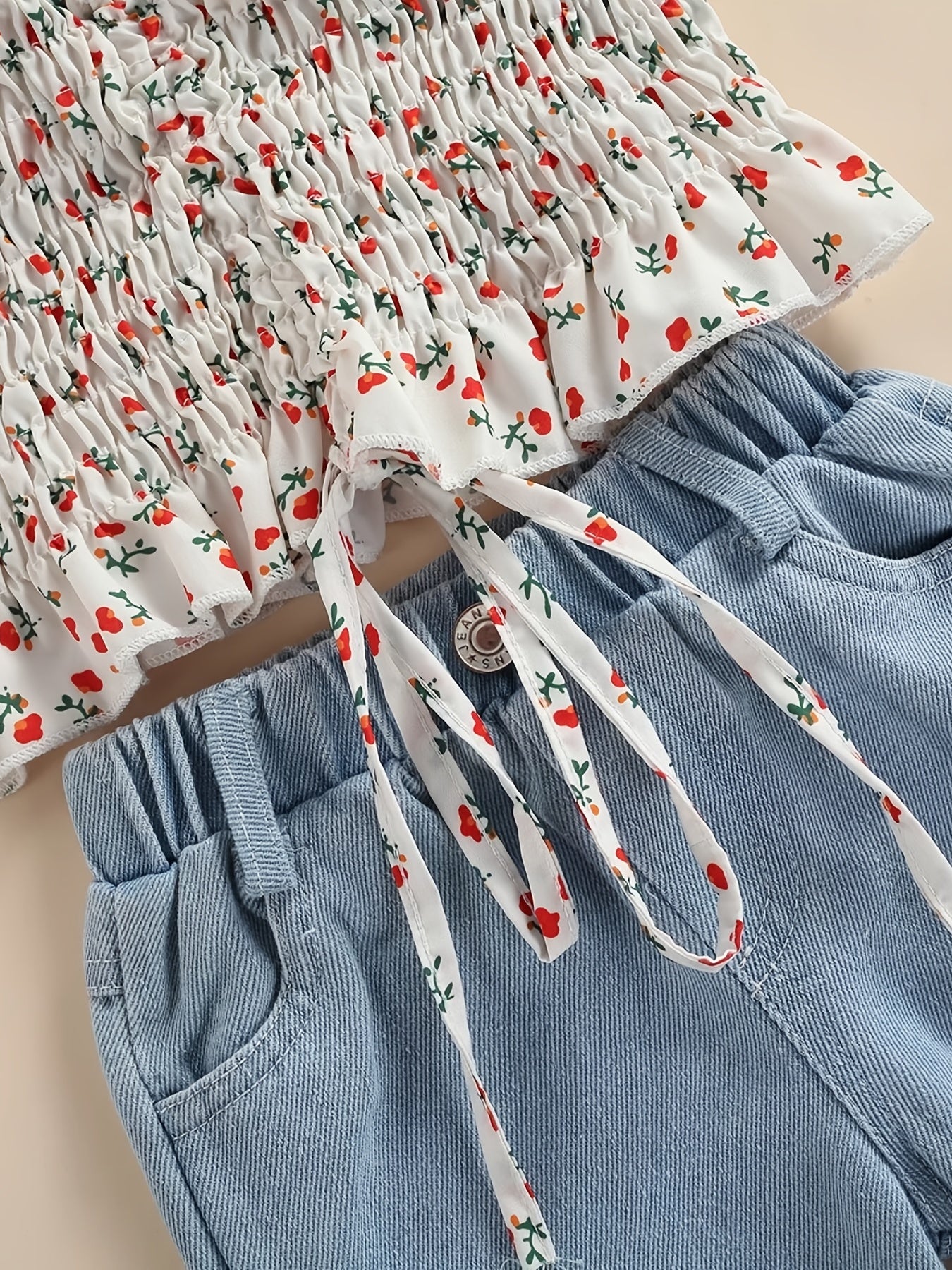 Floral Puffed Sleeve Denim Kids Outfit Set