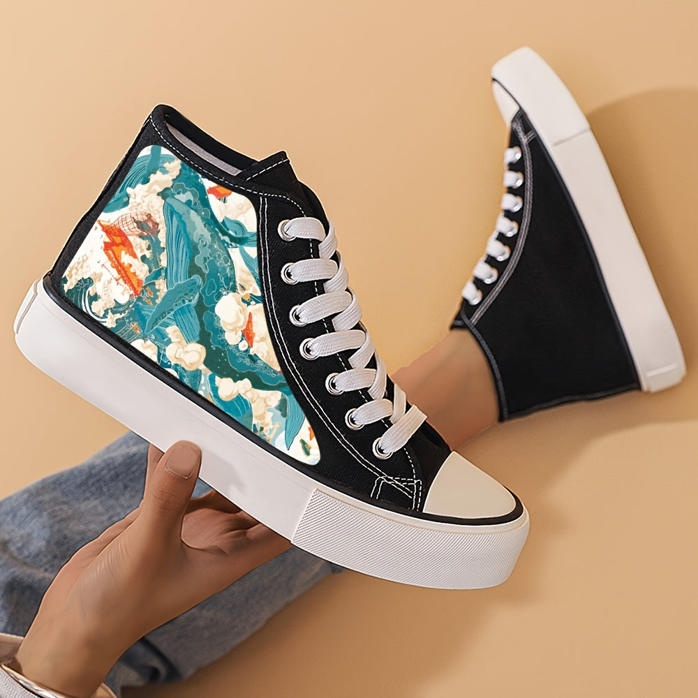Wave Print Chunky Canvas Sneakers High Top Classic Shoes