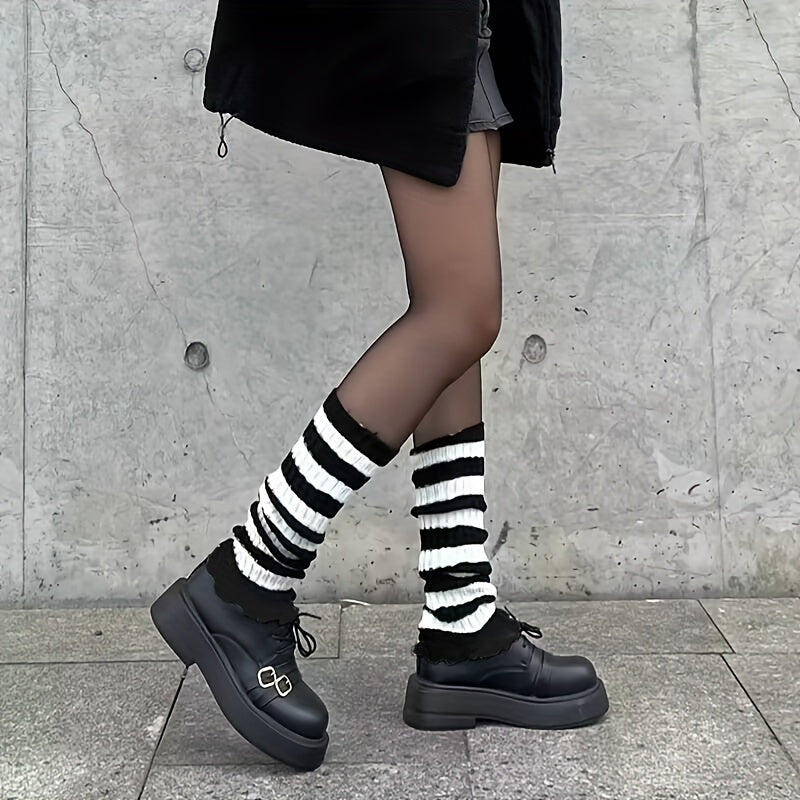 Striped Knitted Leg Warmers Harajuku Knee High Socks Women's Stockings