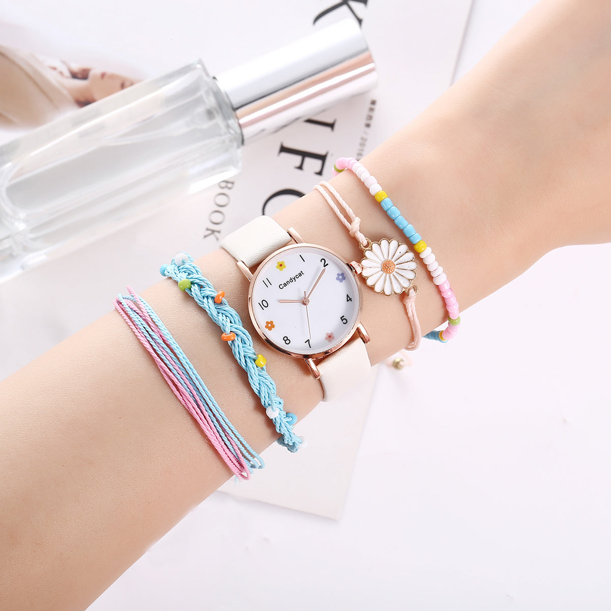 Girls Flower Quartz Watch Daisy Bracelet Set