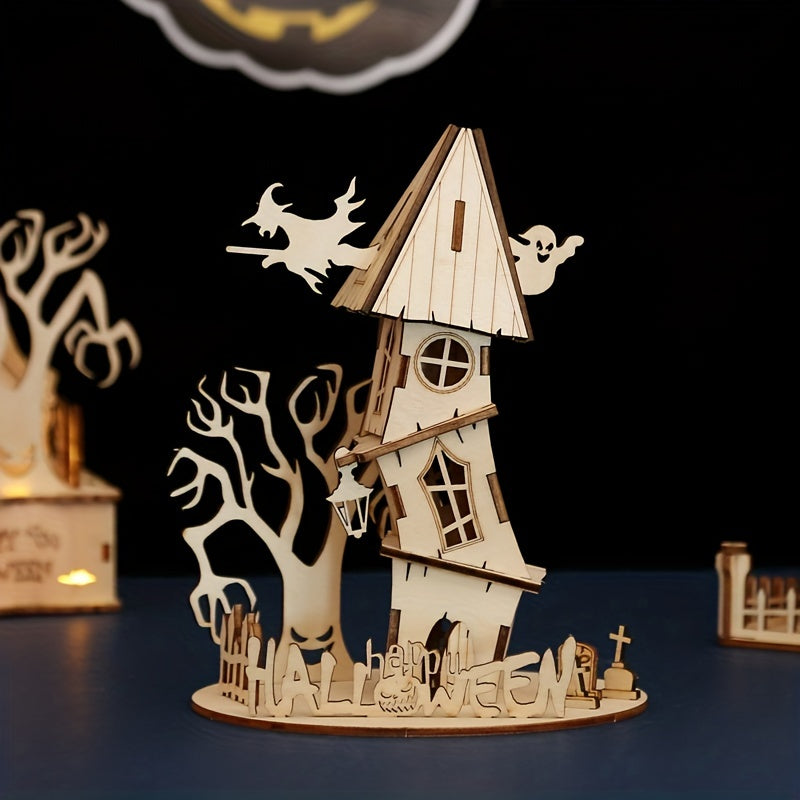 Halloween 3D Wooden House Decorations Window Ornaments DIY Toys Ghost
