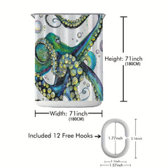 Waterproof Octopus Shower Curtain with 12 Hooks for Bathroom Decor