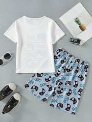 Boys Slogan Print T Shirt & Game Console Print Shorts Set