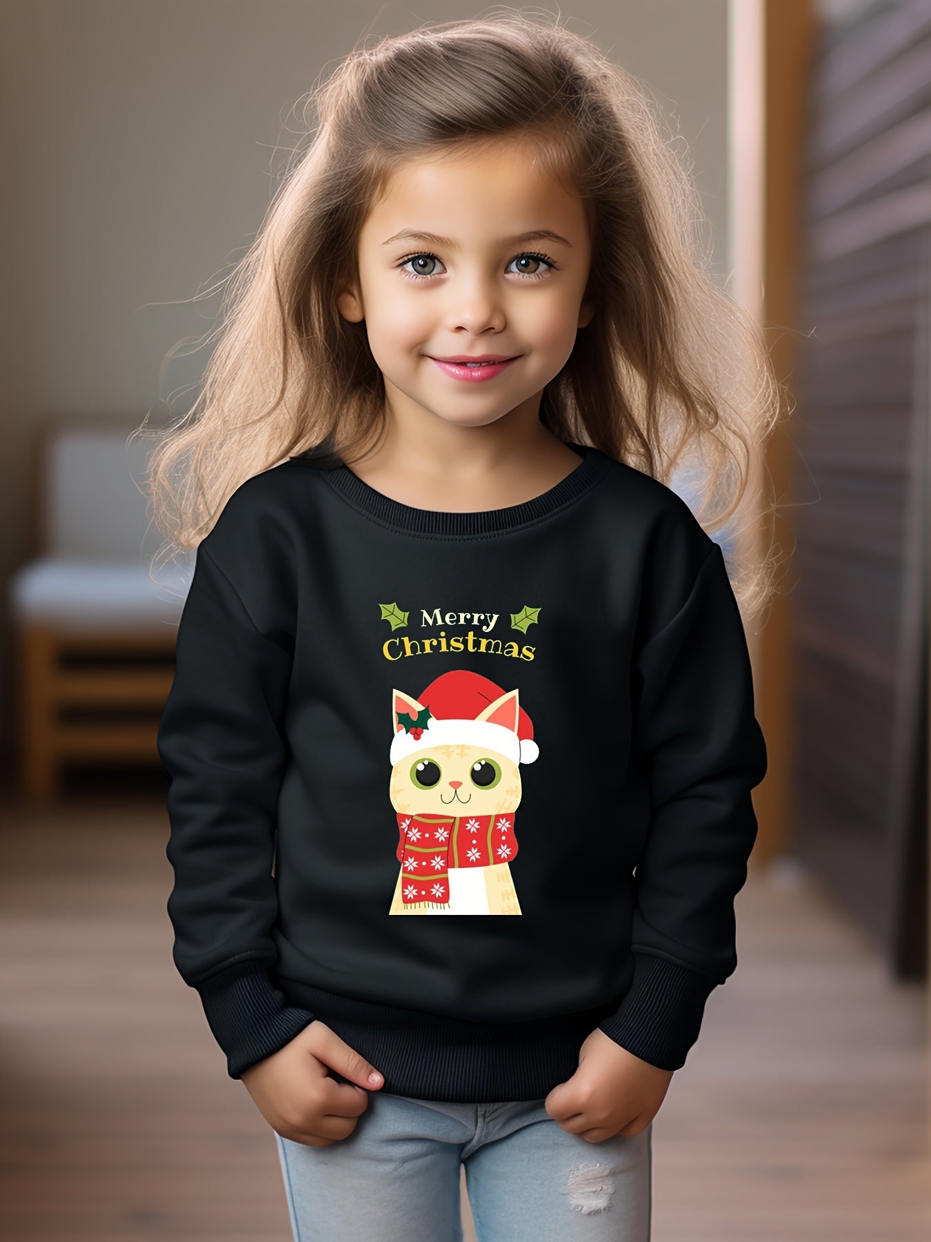 Christmas Kitty Graphic Crew Neck Long Sleeve Sweatshirt Kids