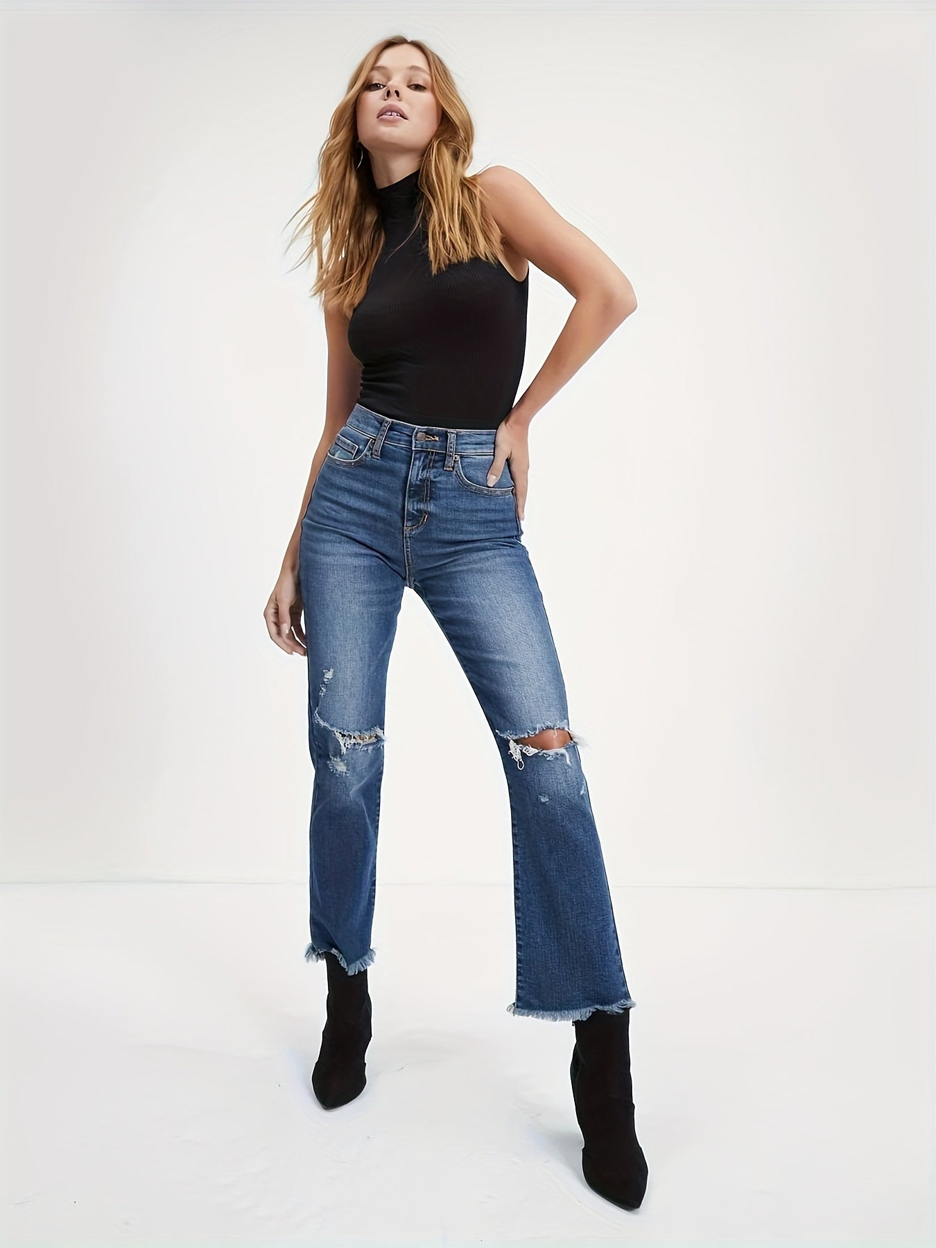 Button Fly Ripped Fringe Trim Stretch Jeans