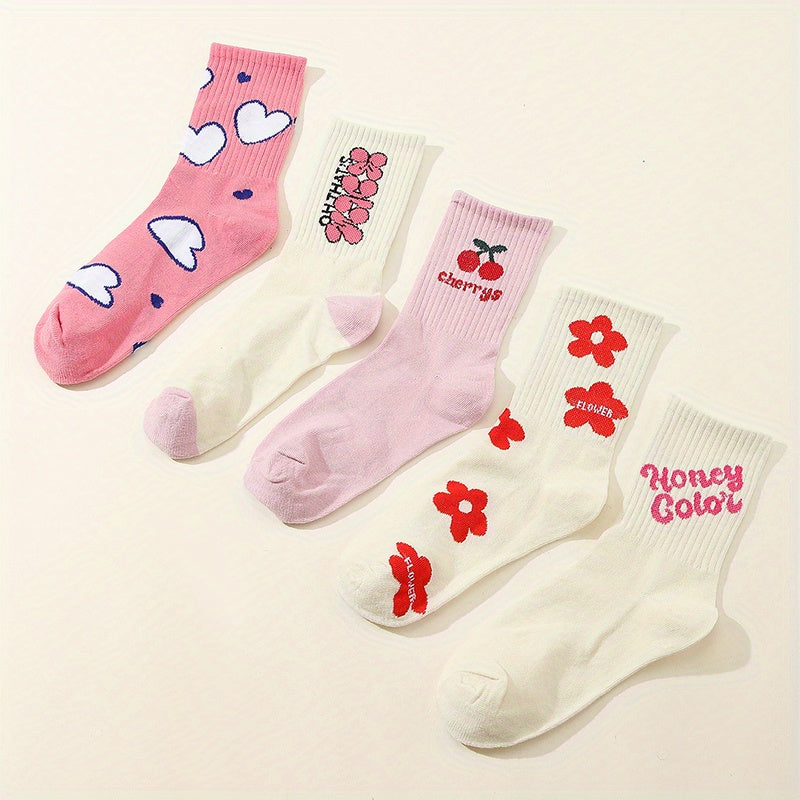 5 Pairs Letter & Heart Print Socks Women's Stockings