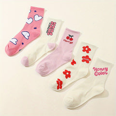 5 Pairs Letter & Heart Print Socks Women's Stockings