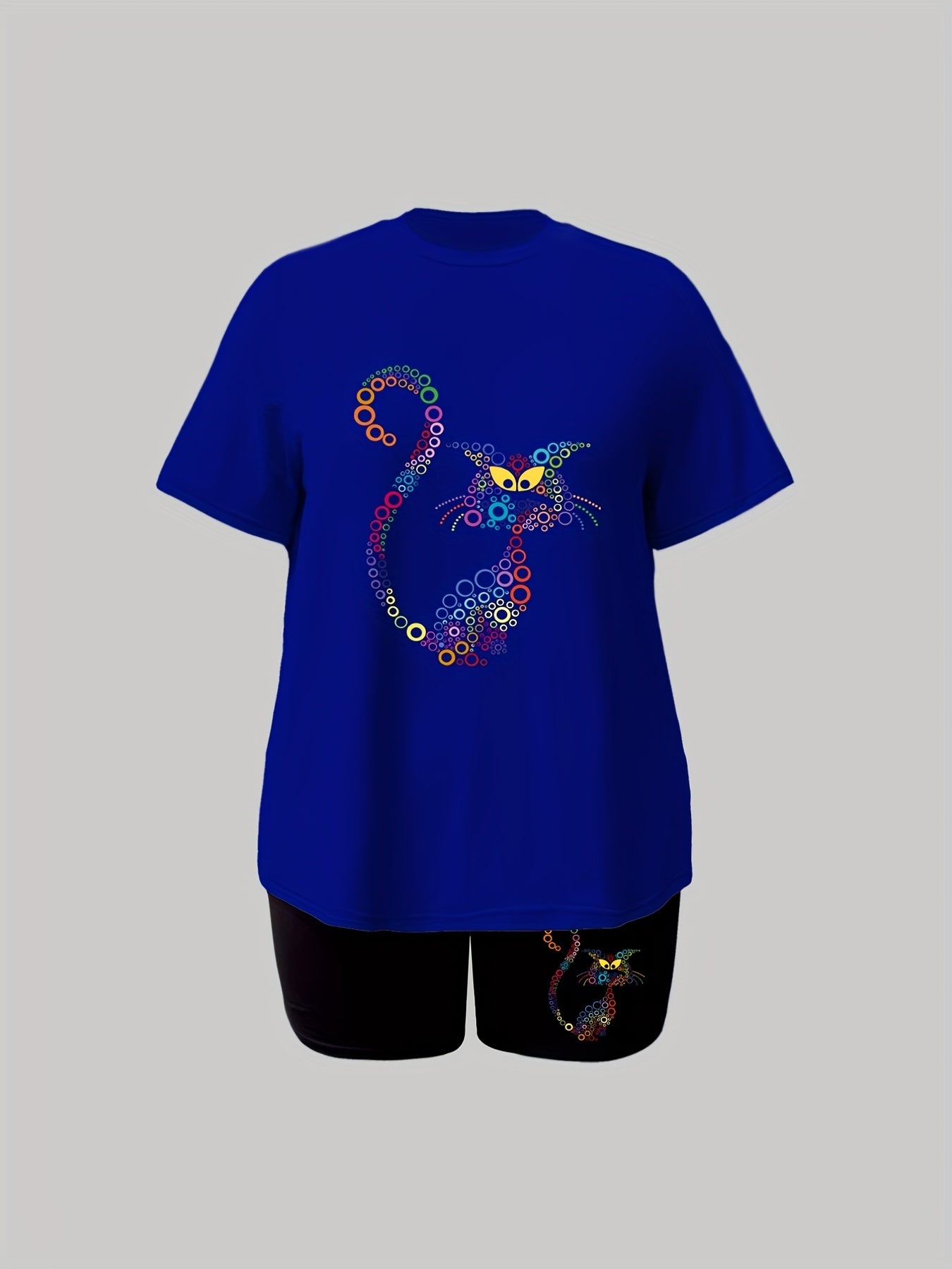 Colorful Cat Print Tee & Shorts Set
