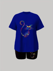 Colorful Cat Print Tee & Shorts Set