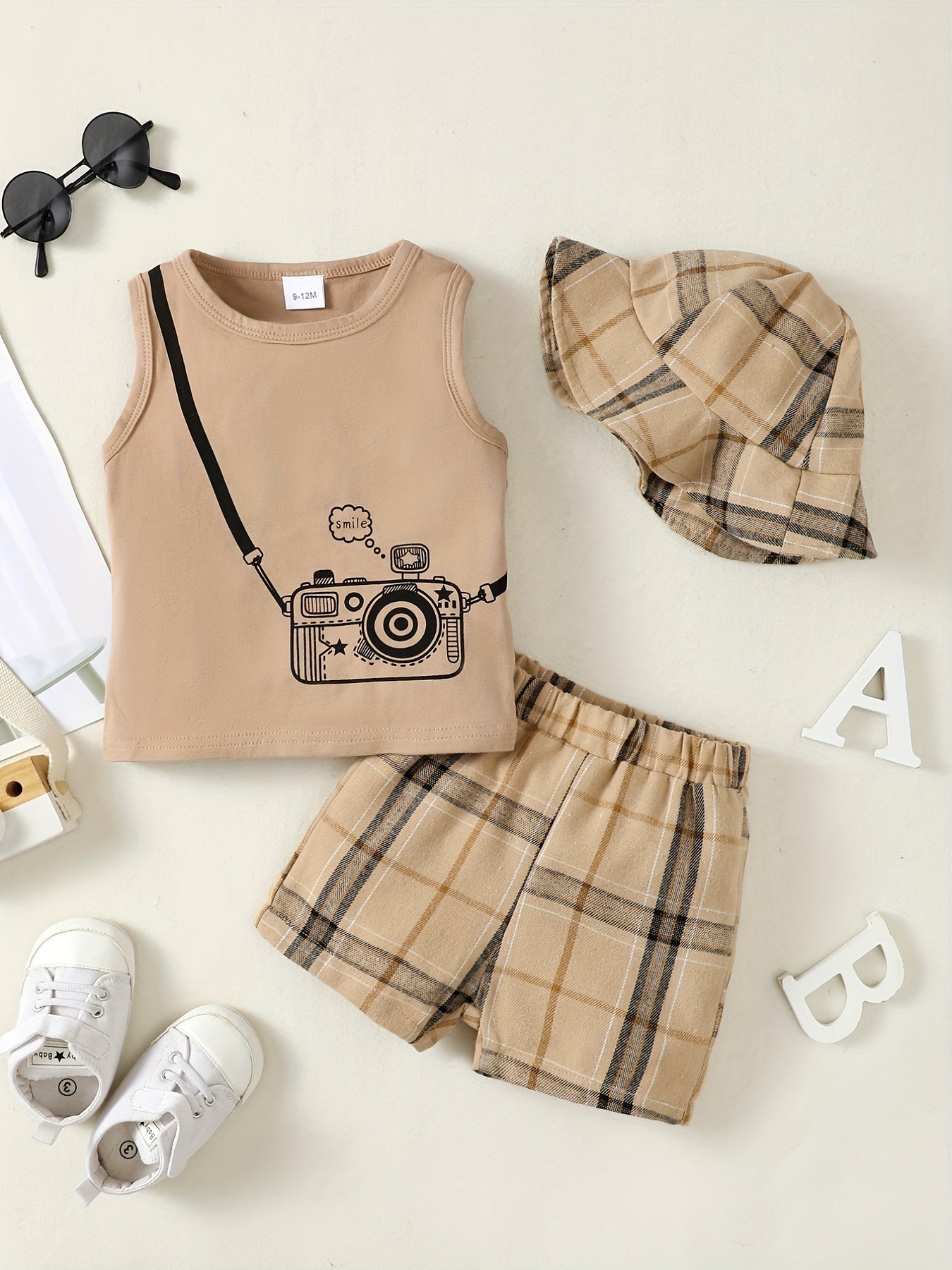 3pc Baby Boys Camera Print Tank Top Plaid Shorts Fisherman Hat Set
