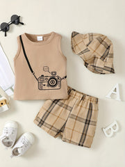 3pc Baby Boys Camera Print Tank Top Plaid Shorts Fisherman Hat Set
