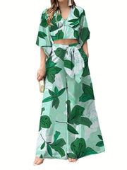 Floral Print Lace Up Suit High Waist Wide Leg Pants And Top Set