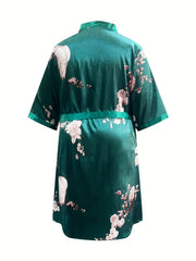 Floral Print Satin Robe With Belt Plus Loungewear Nightgown