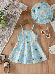 2pcs Baby Girls Daisy Print Suspender Dress Hat Set