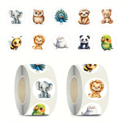 500pcs Watercolor Animal Stickers Roll - Vibrant Cartoon Designs