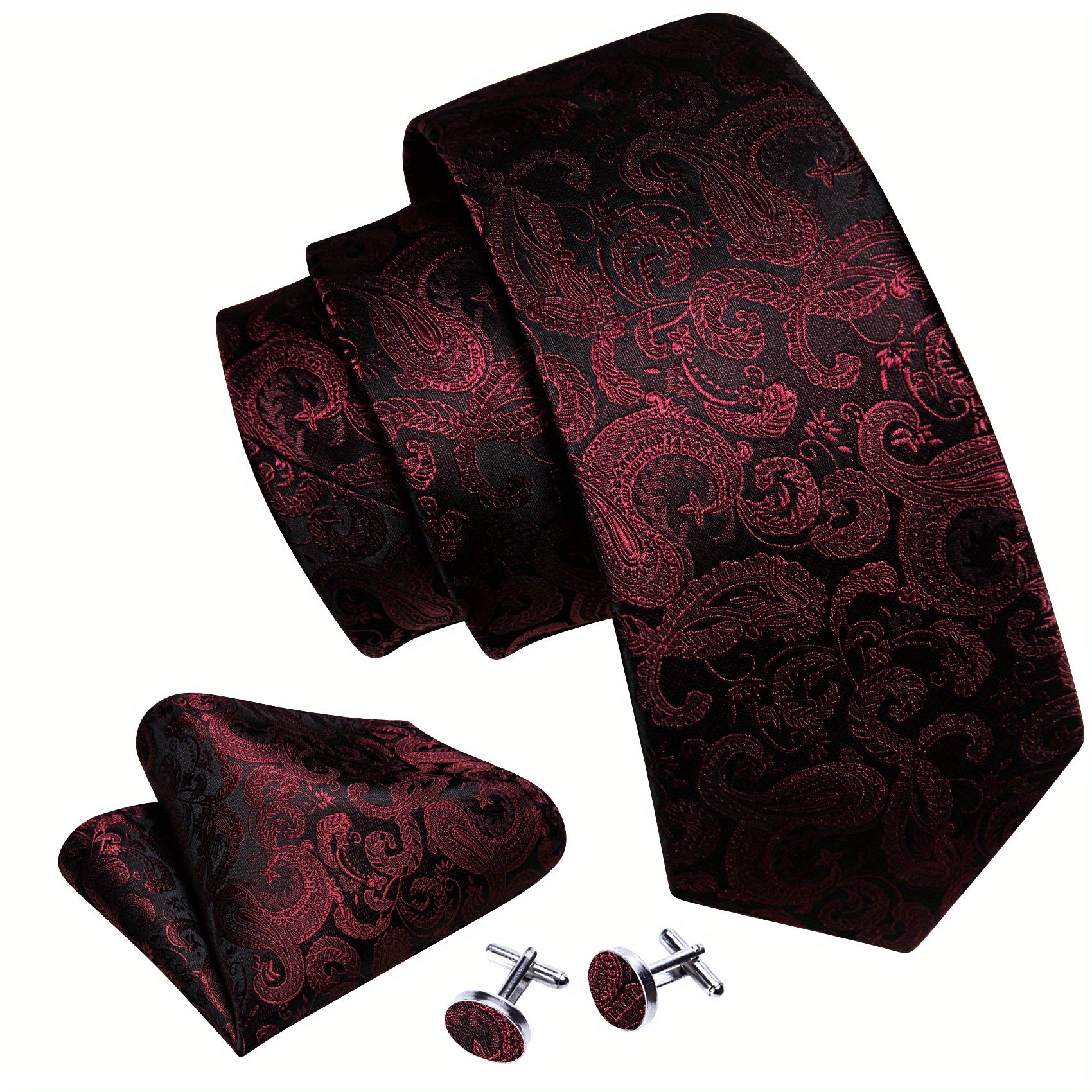 Barry Wang Men's Silk Ties Jacquard Red Paisley Floral Necktie Set
