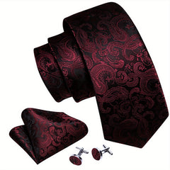 Barry Wang Men's Silk Ties Jacquard Red Paisley Floral Necktie Set