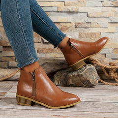 Chunky Heel Ankle Boots Double Zipper Pointed Toe Shoes