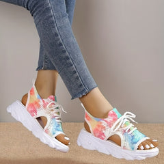 Women's Tie Dye Knit Sports Sandals Lace Up Peep Toe Slingback Shoes