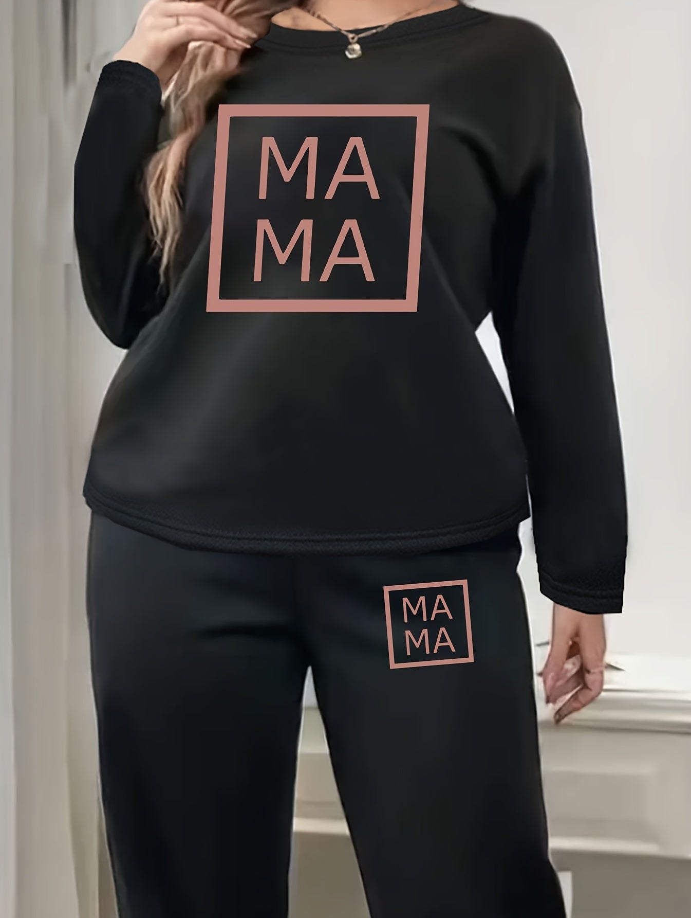 Casual Loungewear Set Women's Letter Print Fleece Top & Pants Pajama