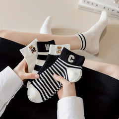 5 Pairs Teddy Bear & Striped Short Socks Women's Stockings
