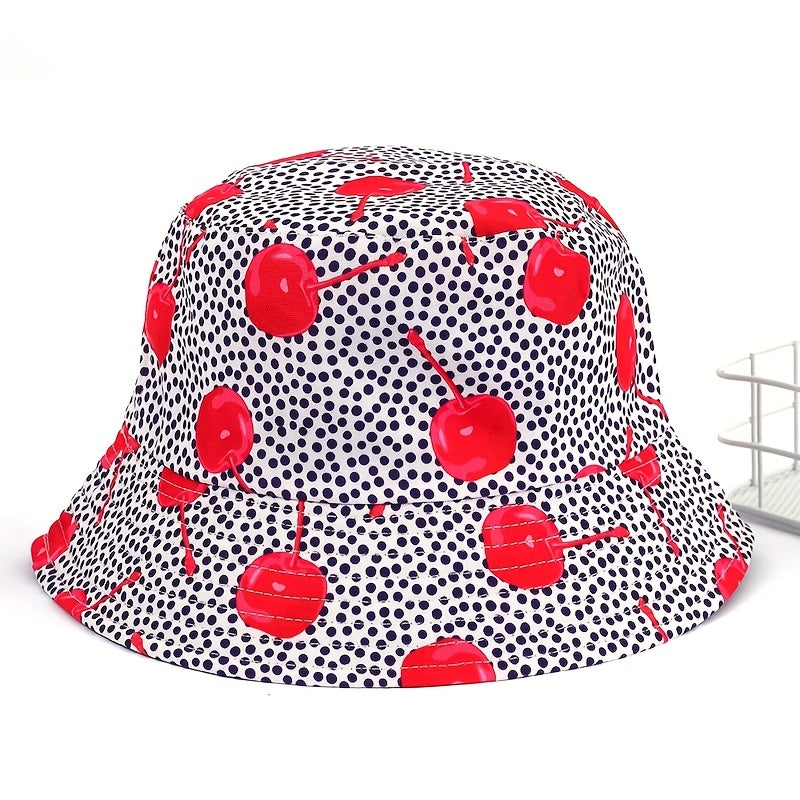Cherry Print Bucket Hat Gray Sunshade Cap