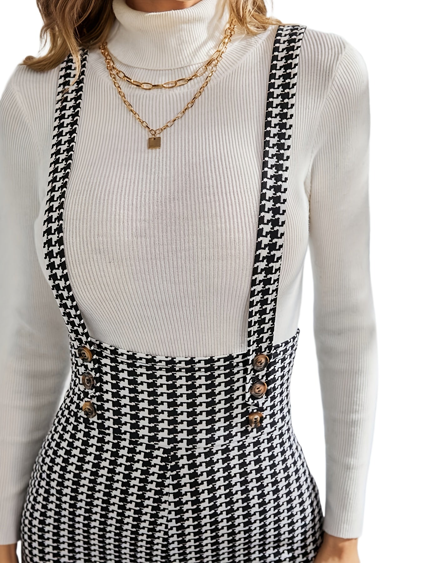 Houndstooth Print Overall Jumpsuit Casual Slim Button Overall Jumpsuit