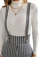 Houndstooth Print Overall Jumpsuit Casual Slim Button Overall Jumpsuit