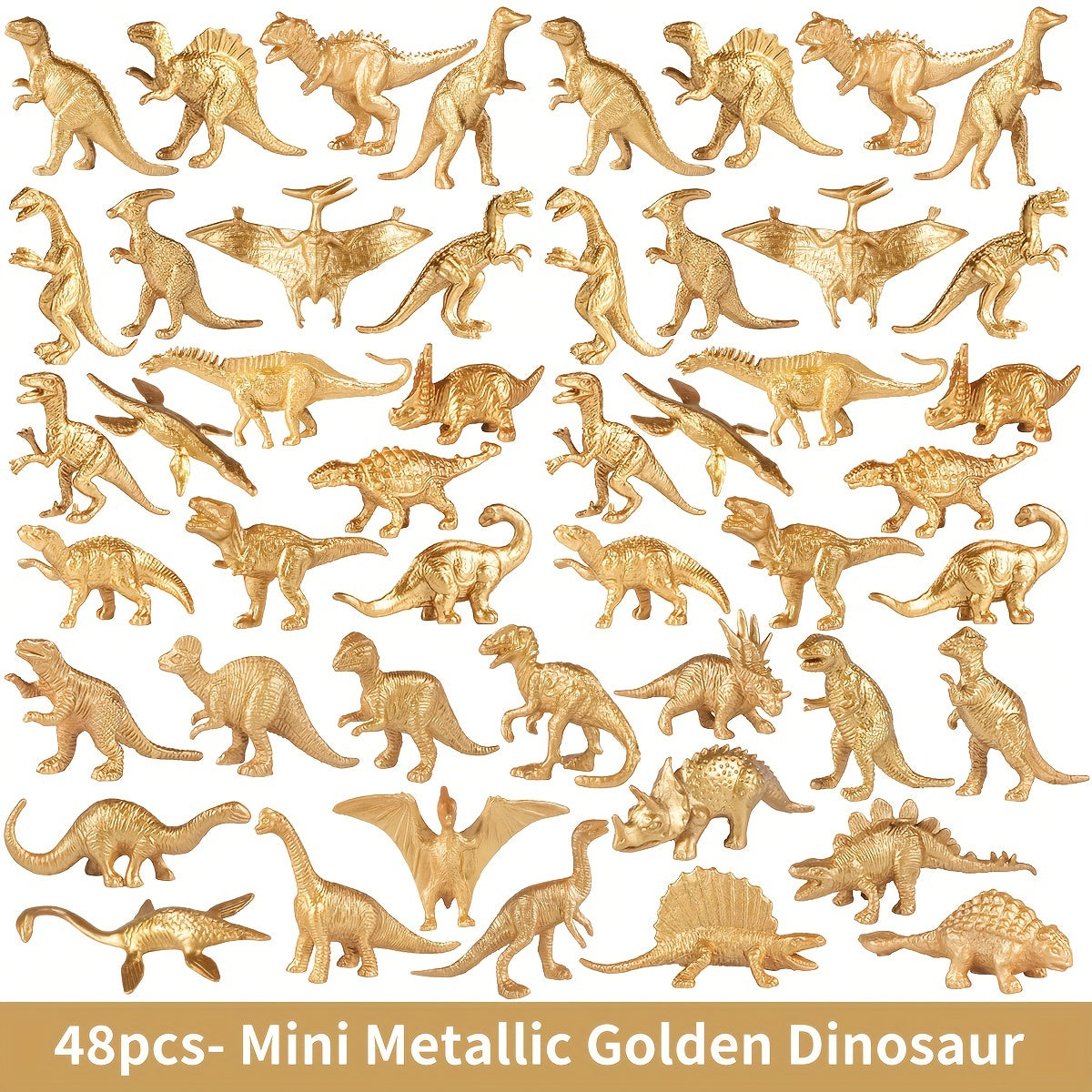 48pcs Mini Metallic Golden Dinosaur Figurine Toys Cake Topper