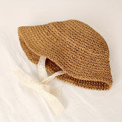 Kids Straw Sun Hat Crochet Lace Tie Fisherman Hat