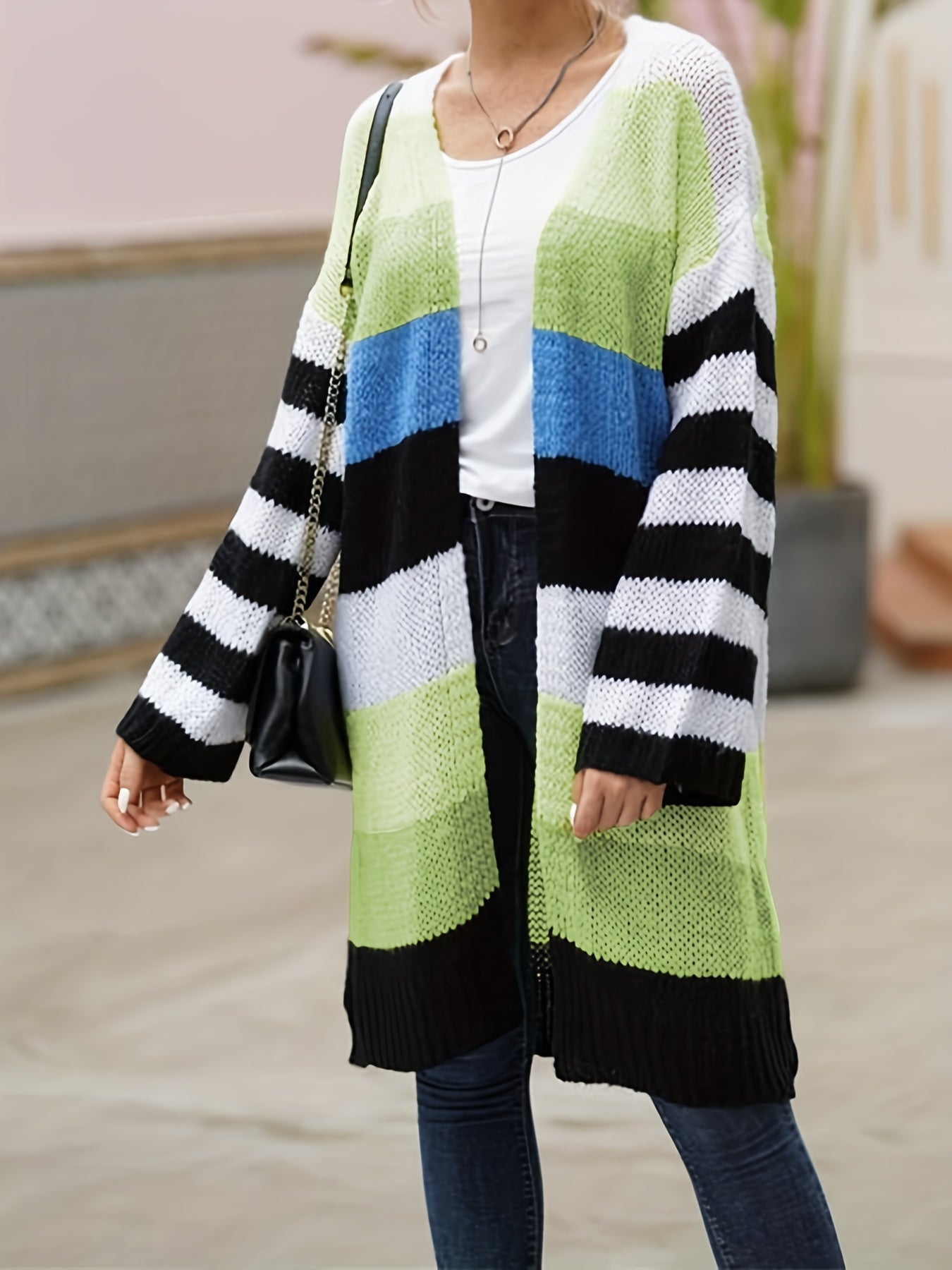 Colorblock Stripe Print Long Sleeve Open Front Cardigan