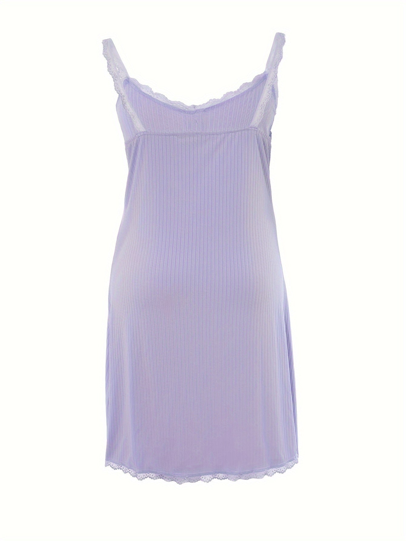 Lace Trim Ribbed Knit Round Neck Sleep Dress