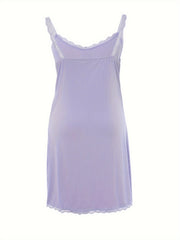 Lace Trim Ribbed Knit Round Neck Sleep Dress
