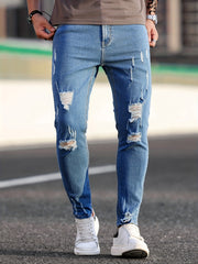 Slim Fit Ripped Cotton Jeans Mens Casual Street Style Distressed Mid Stretch Den