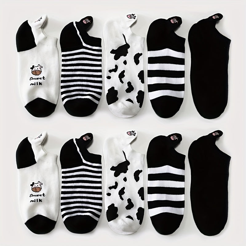 10 Pairs Cute Cartoon Cow Print Ankle Socks for Women