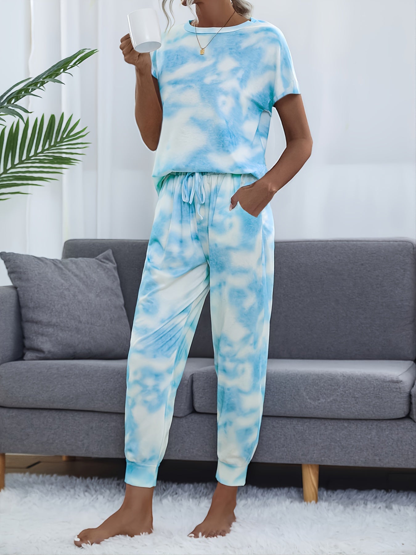 Tie Dye Lounge Set Crew Neck Top & Lace Up Pants