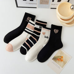 5 Pairs Striped & Heart Print Socks, Comfy Mid Tube Stockings
