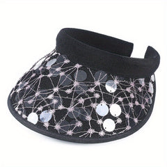 Lace Flower Sequin Visor Hat Wide Brim French Embroidery Sun Hat