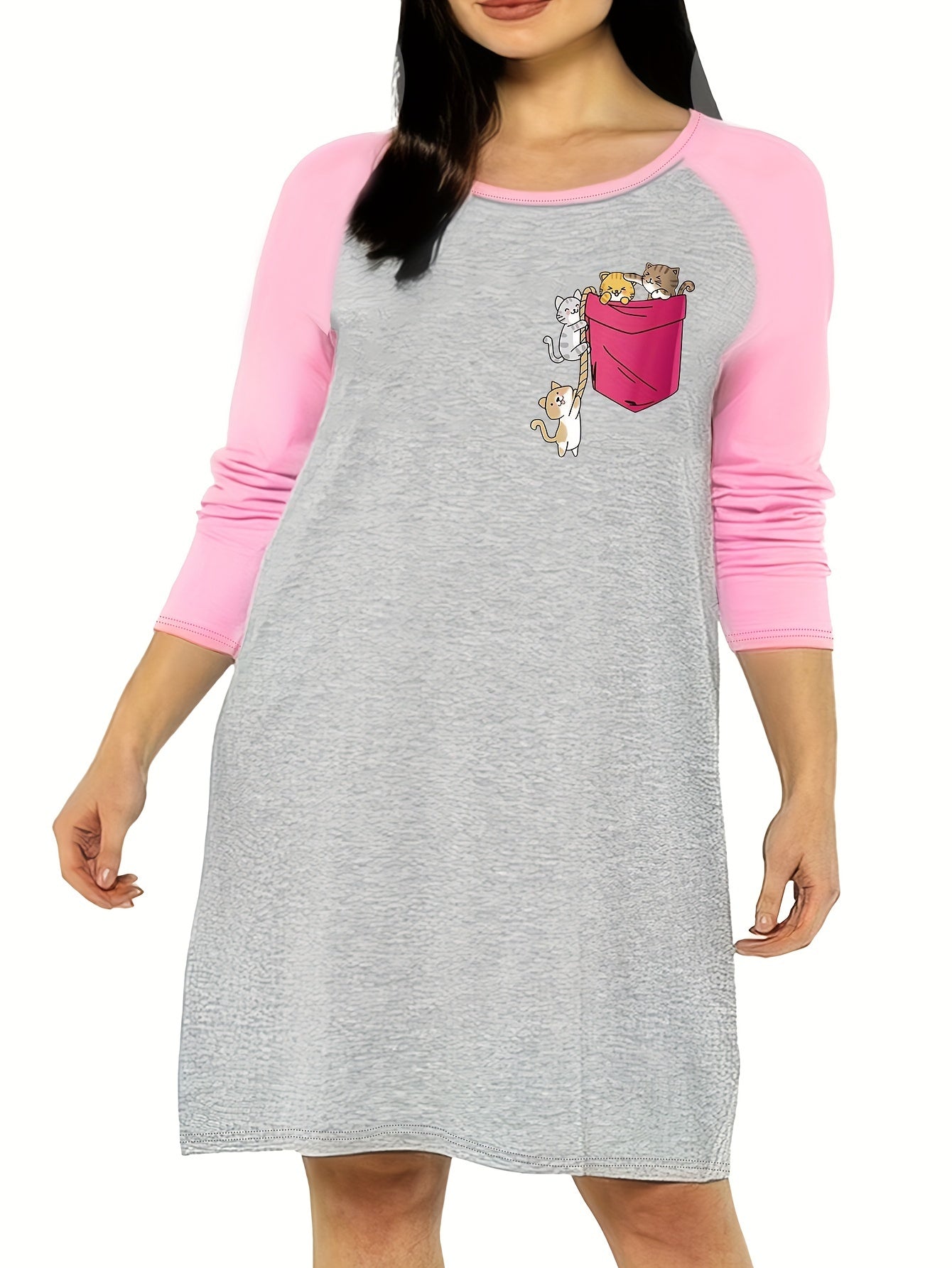 Nightdress with Pocket & Cats Print Raglan Sleeve Tee