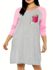Nightdress with Pocket & Cats Print Raglan Sleeve Tee