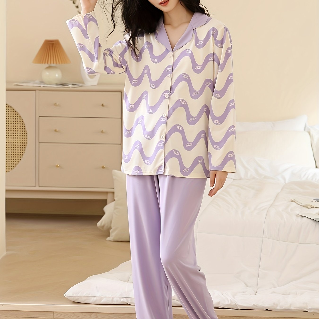 Wave Stripe Print Pajama Set Long Sleeve Button Up Top & Lounge Pants