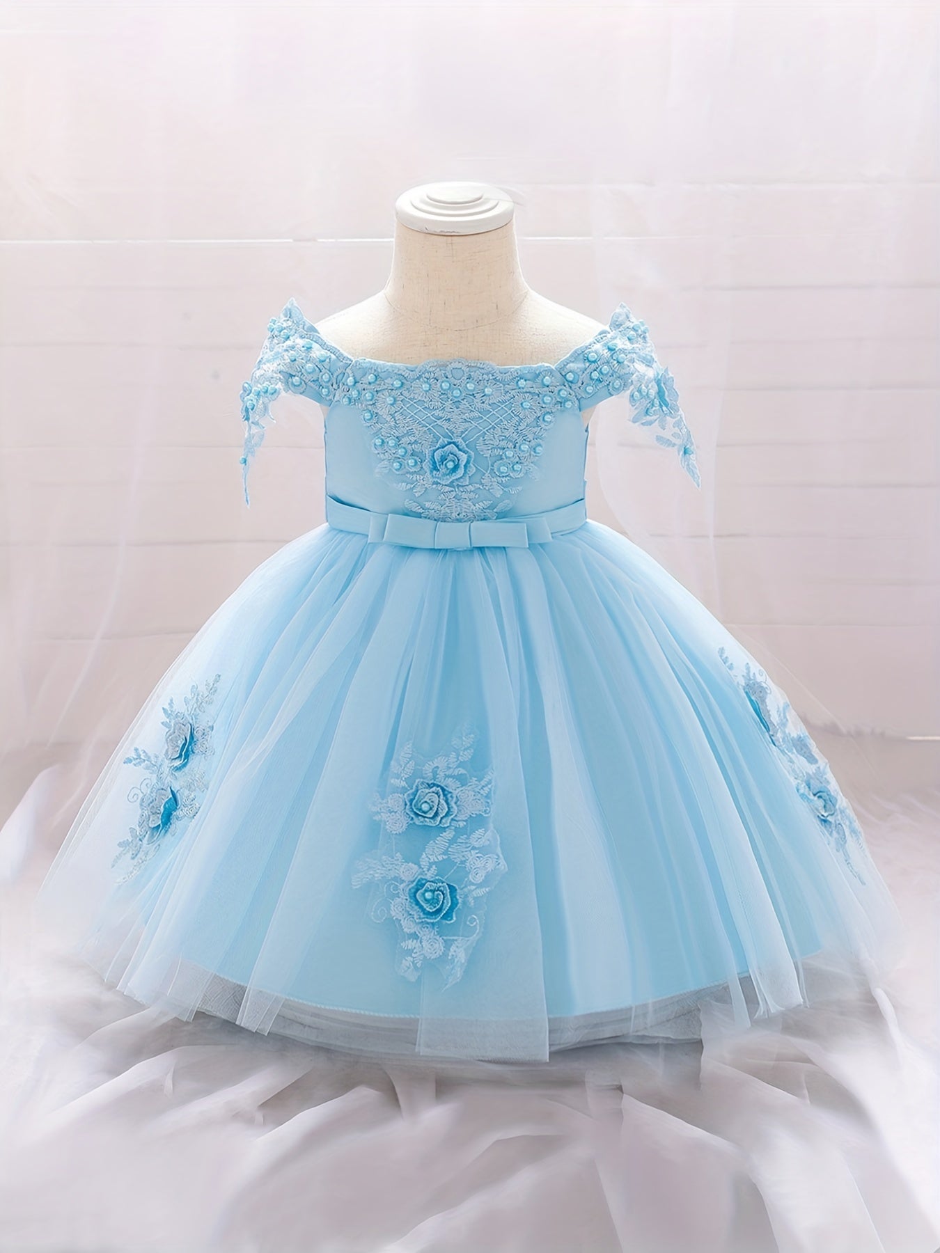 Baby Girls Gown Dress Floral Embroidery Off The Shoulder Mesh Princess Dress