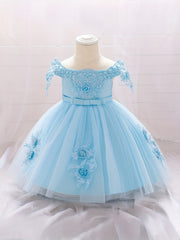 Baby Girls Gown Dress Floral Embroidery Off The Shoulder Mesh Princess Dress