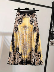 Baroque Print High Rise Pleated Maxi Skirt